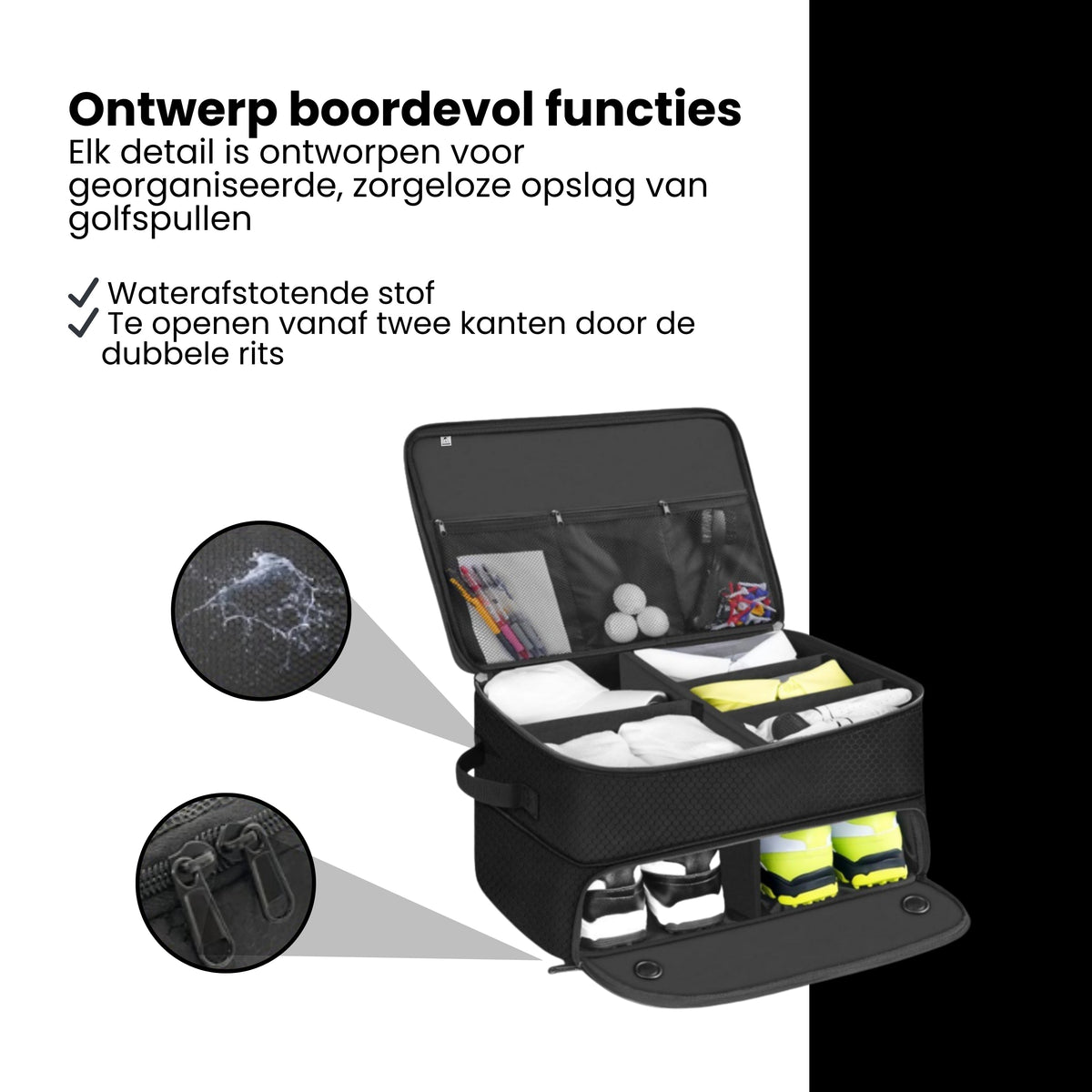 Golf Organizer Tas voor Kofferbak – Golf Accessoire Opbergbox met Schoenenvak – Waterafstotende Golf Opbergtas met Verstelbare Vakken – Golf Cadeau voor Heren & Dames – Zwart