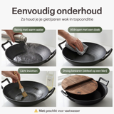 Gietijzeren Wok Ø36 cm met Houten Deksel – Wokpan Gietijzer voor Inductie, Gas, Oven & BBQ –  Pre-seasoned  – Grote Wokpan met Handgrepen – Professionele Wok