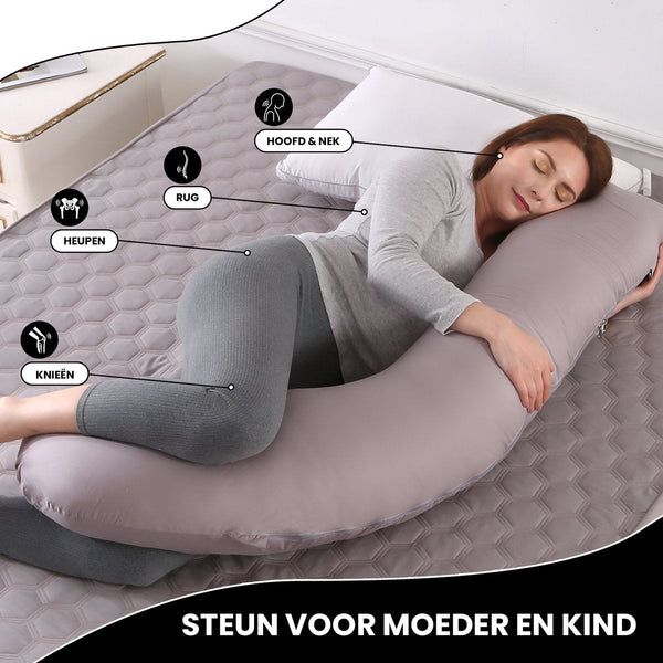 Oemmie Zwangerschapskussen - Voedingskussen - Zijslaapkussen - Lichaamskussen - J-vorm - 145x45 cm - Grijs