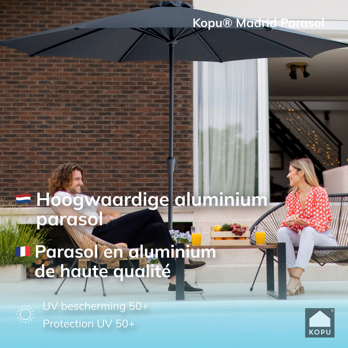 Kopu® Set Madrid 350 cm Grote Parasol Rond met Beschermhoes en Parasolvoet - Grijs