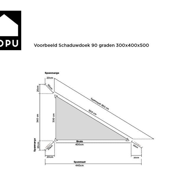Kopu® Schaduwdoek Driehoek 3x4x5 mtr 230 grams Waterdicht - Zand