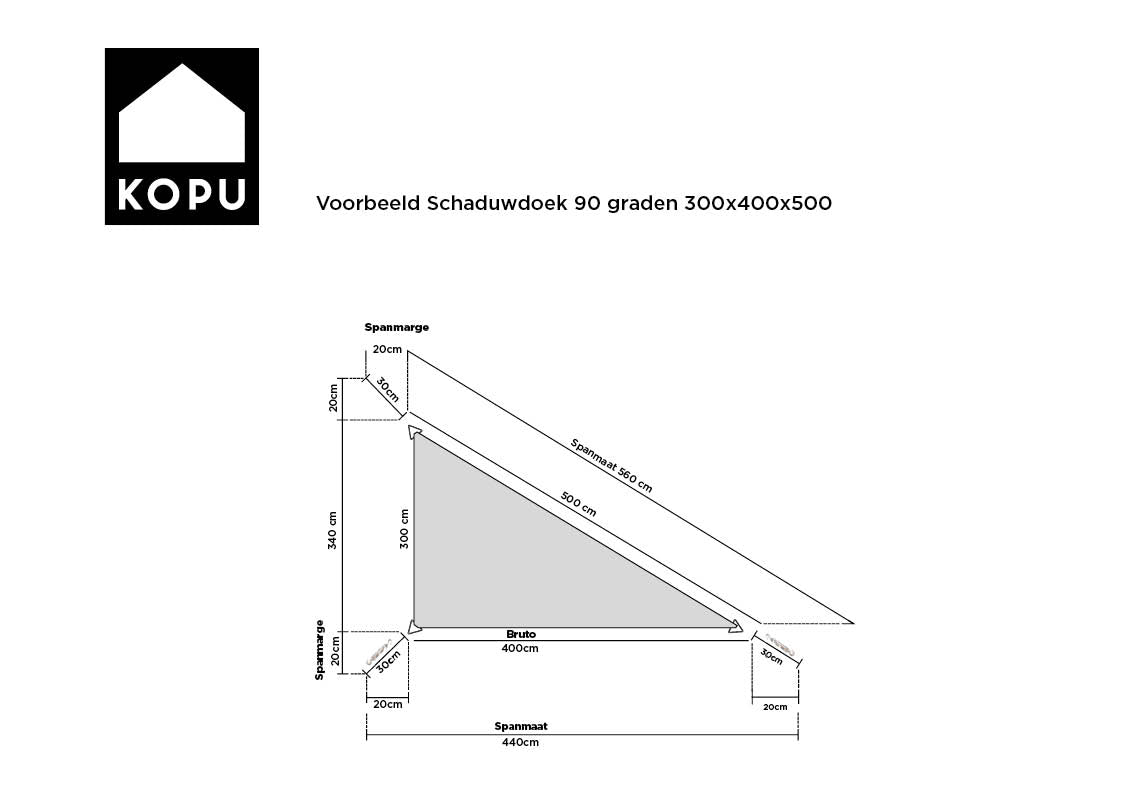 Kopu® Schaduwdoek Driehoek 3x4x5 mtr 230 grams Waterdicht - Grijs
