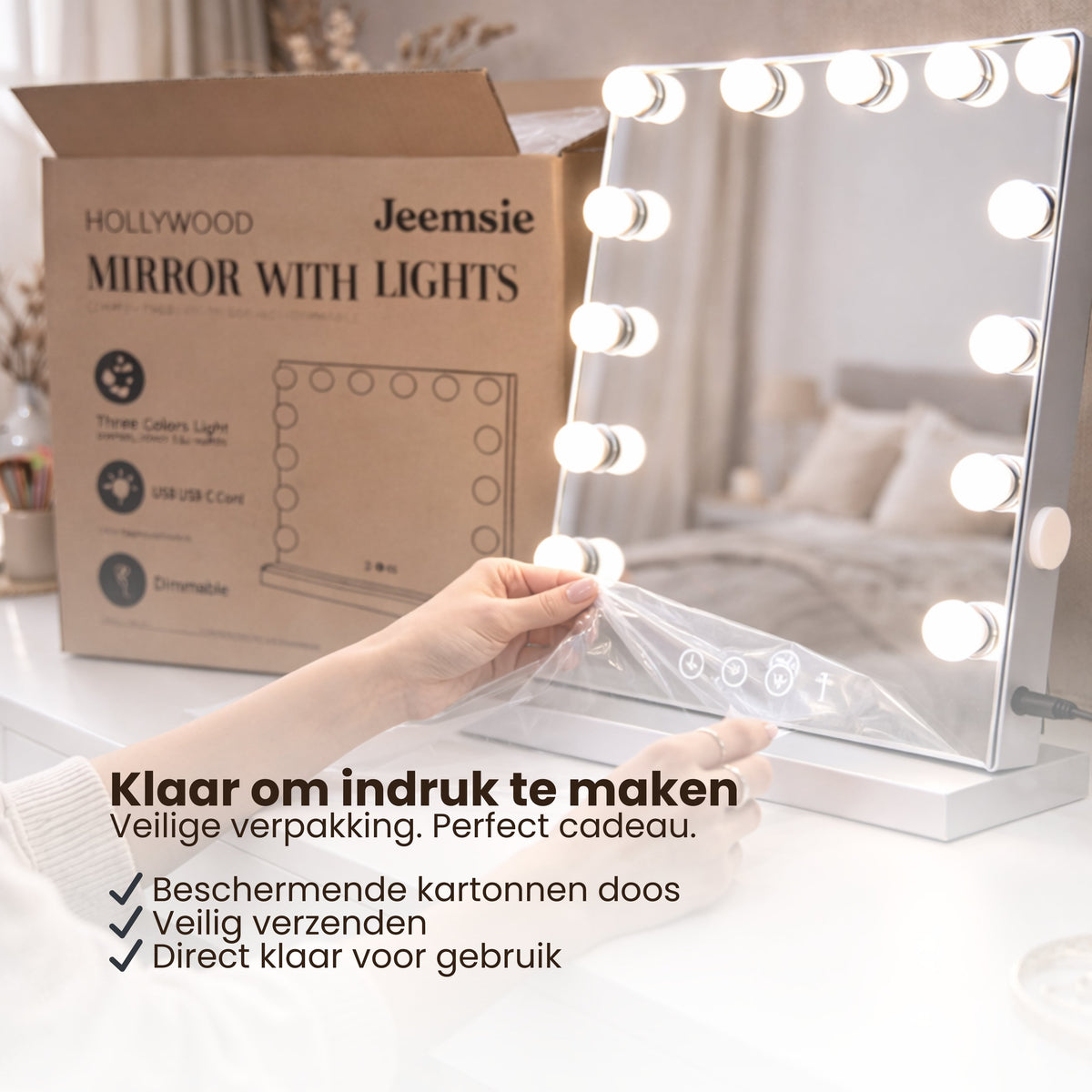 Hollywood Spiegel met Verlichting – Make-up Spiegel met LED Lampen – Dimmbaar & Touchbediening – Tafelmodel & Wandmontage – Kaptafel Spiegel met Verlichting – 58 x 48 cm – Wit