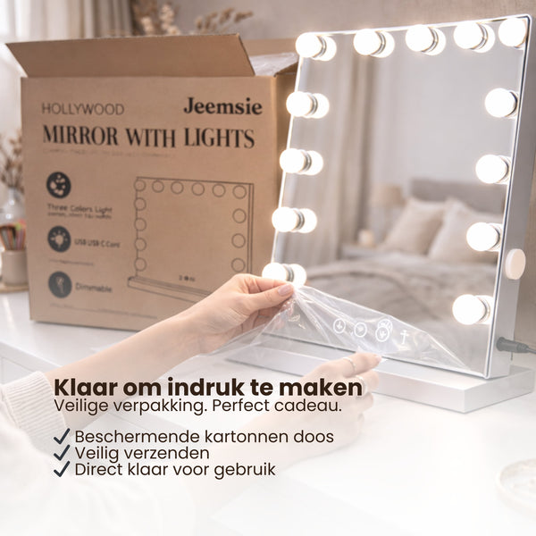 Hollywood Spiegel met Verlichting – Make-up Spiegel met LED Lampen – Dimmbaar & Touchbediening – Tafelmodel & Wandmontage – Kaptafel Spiegel met Verlichting – 58 x 48 cm – Wit