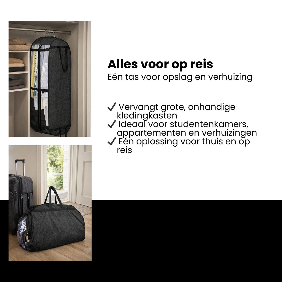 Kledinghoes met Hanger – Opvouwbare Kleding Organizer – Kleding Opbergzak met Rits & Venster – Kleding Transporthoes – Geschikt voor Verhuizen & Reizen – 127 x 60 x 25 cm – Zwart