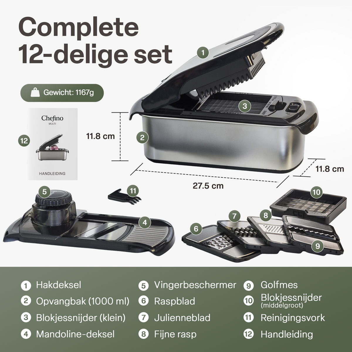 Chefino Multi - Groentesnijder Set 12-delig – Mandoline Snijder & Groentehakker – Blokjessnijder, Julienne Snijder & Rasp – Groente Snijder met Opvangbak 1L – Keukensnijder met 7 Snijopties