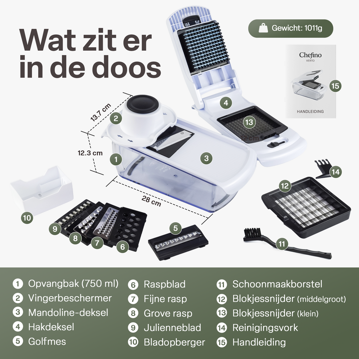 Chefino Verto - Groentesnijder Set met Opvangbak – Mandoline Snijder – Groentehakker – Blokjessnijder – Julienne Snijder – RVS Messen – Groente Chopper met 8 Snijbladen – Keukensnijder