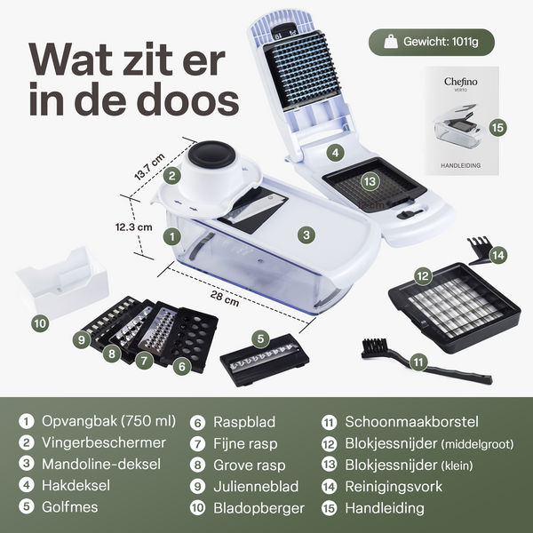 Chefino Verto - Groentesnijder Set met Opvangbak – Mandoline Snijder – Groentehakker – Blokjessnijder – Julienne Snijder – RVS Messen – Groente Chopper met 8 Snijbladen – Keukensnijder