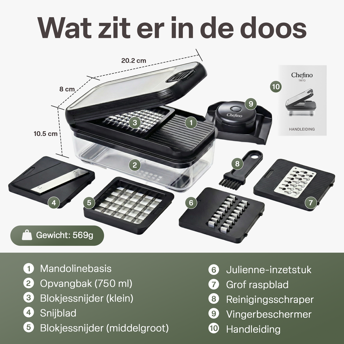 Chefino Trito - Groentesnijder Set met Opvangbak 750 ml – Mandoline Snijder – Groente Hakker – Uiensnijder – Blokjessnijder – Julienne Snijder – Groente Rasp – Keuken Mandoline met 5 RVS Messen