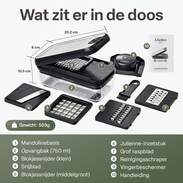 Chefino Trito - Groentesnijder Set met Opvangbak 750 ml – Mandoline Snijder – Groente Hakker – Uiensnijder – Blokjessnijder – Julienne Snijder – Groente Rasp – Keuken Mandoline met 5 RVS Messen