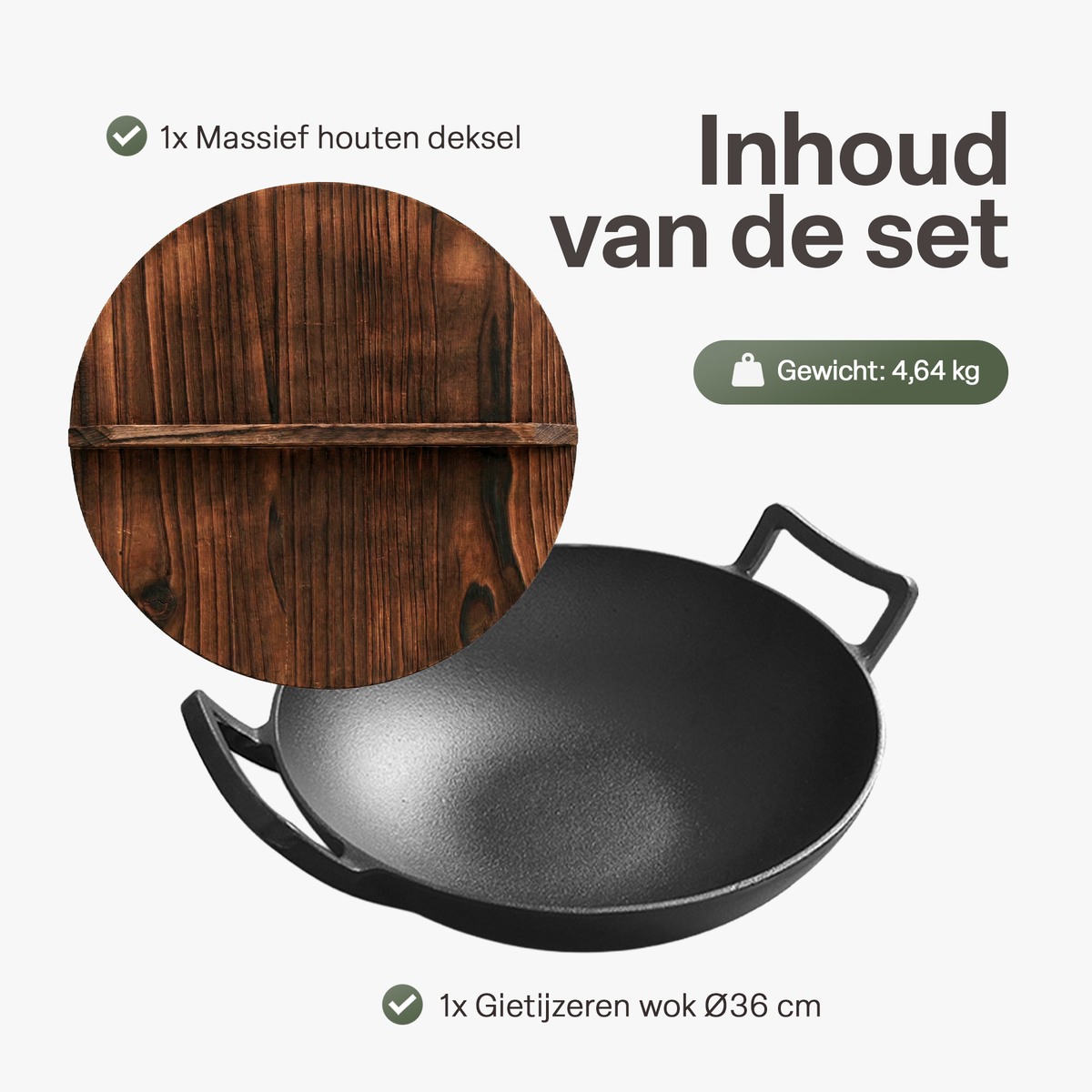 Gietijzeren Wok Ø36 cm met Houten Deksel – Wokpan Gietijzer voor Inductie, Gas, Oven & BBQ –  Pre-seasoned  – Grote Wokpan met Handgrepen – Professionele Wok