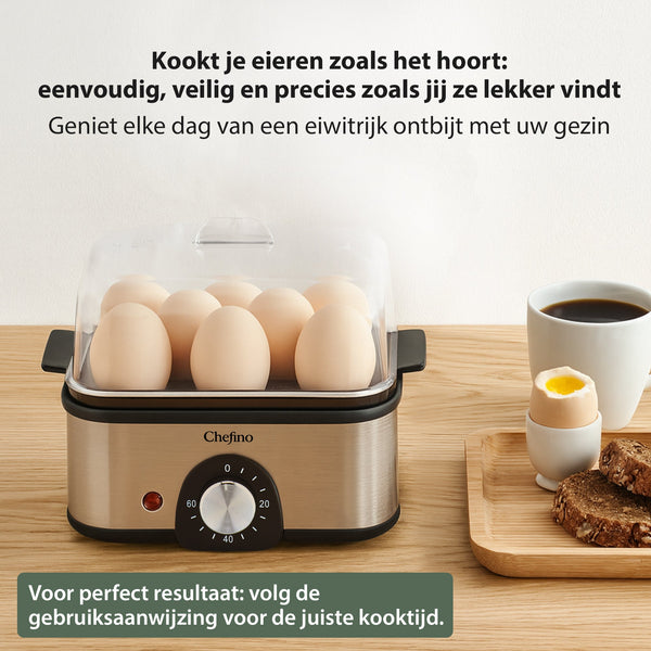 Chefino Eierkoker – Elektrisch – 8 Eieren – RVS – BPA-vrij – Timer & Automatische Uitschakeling – Inclusief Maatbeker met Eierprikker & Pochéerschaal – Anti-oververhitting – Zilver-Zwart