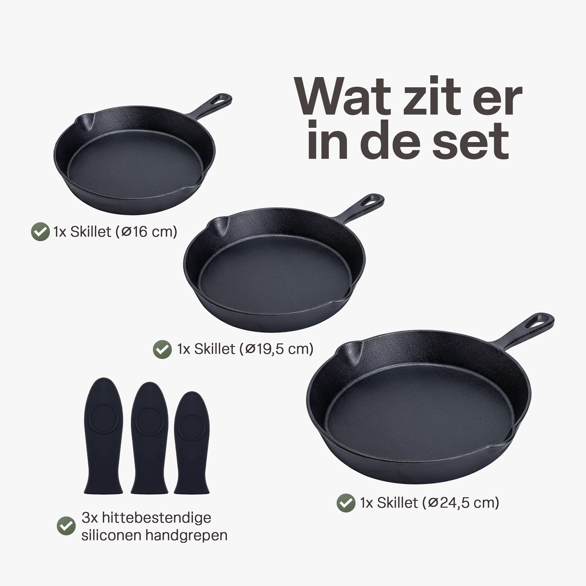 Gietijzeren Koekenpan Set 3-delig – Skillet Set Ø16, Ø19,5 & Ø24,5 cm – Voorgekruid Gietijzer – Geschikt voor Inductie, Gas, Oven & BBQ – Inclusief Siliconen Handgrepen