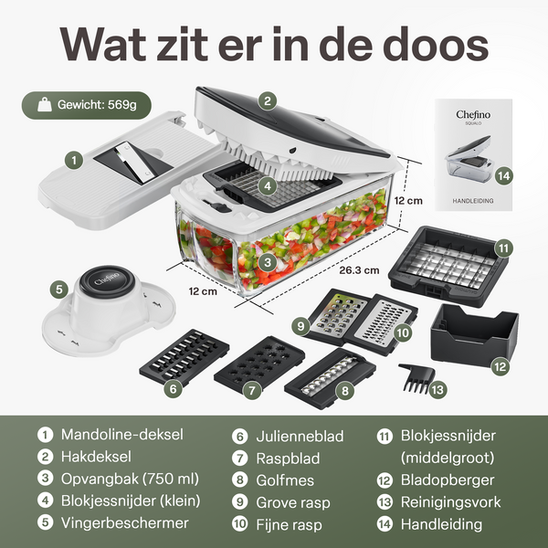 Chefino Squalo - Groentesnijder Set met Opvangbak – Mandoline Snijder – 8 RVS Messen – Uiensnijder & Blokjessnijder – Groentehakker – Keuken Snijapparaat – Inclusief Rasp en Julienne