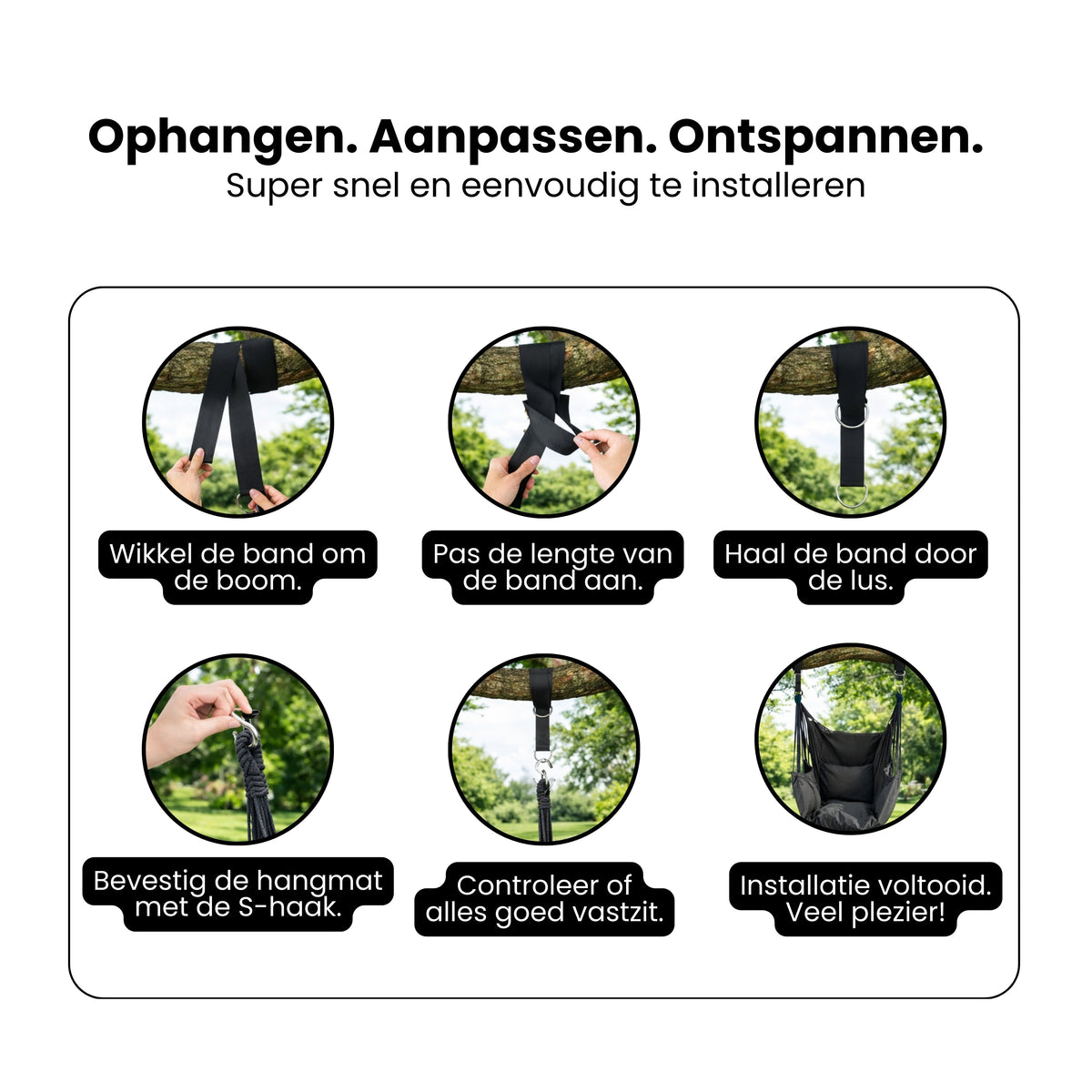 Hangstoel met Kussen – Hangende Stoel voor Binnen en Buiten – Inclusief Ophangset – Belastbaar tot 125 kg – Katoenen Hangstoel voor Tuin, Balkon, Slaapkamer & Balkon – Zwart