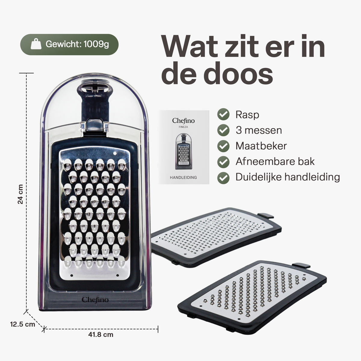 Chefino Fineza - Kaasrasp met Opvangbak – RVS Groenterasp – Keukenrasp met Container – 3 Verwisselbare Raspbladen – Handrasp voor Kaas, Groenten en Citroenrasp – Antislip