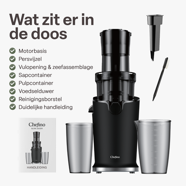 Chefino Slowjuicer – Koude Pers Sapcentrifuge – Extra Brede Vultrechter 9 cm – Stille High-Torque Motor – Dubbel Filtersysteem – Hoog Saprendement – Makkelijk te Reinigen