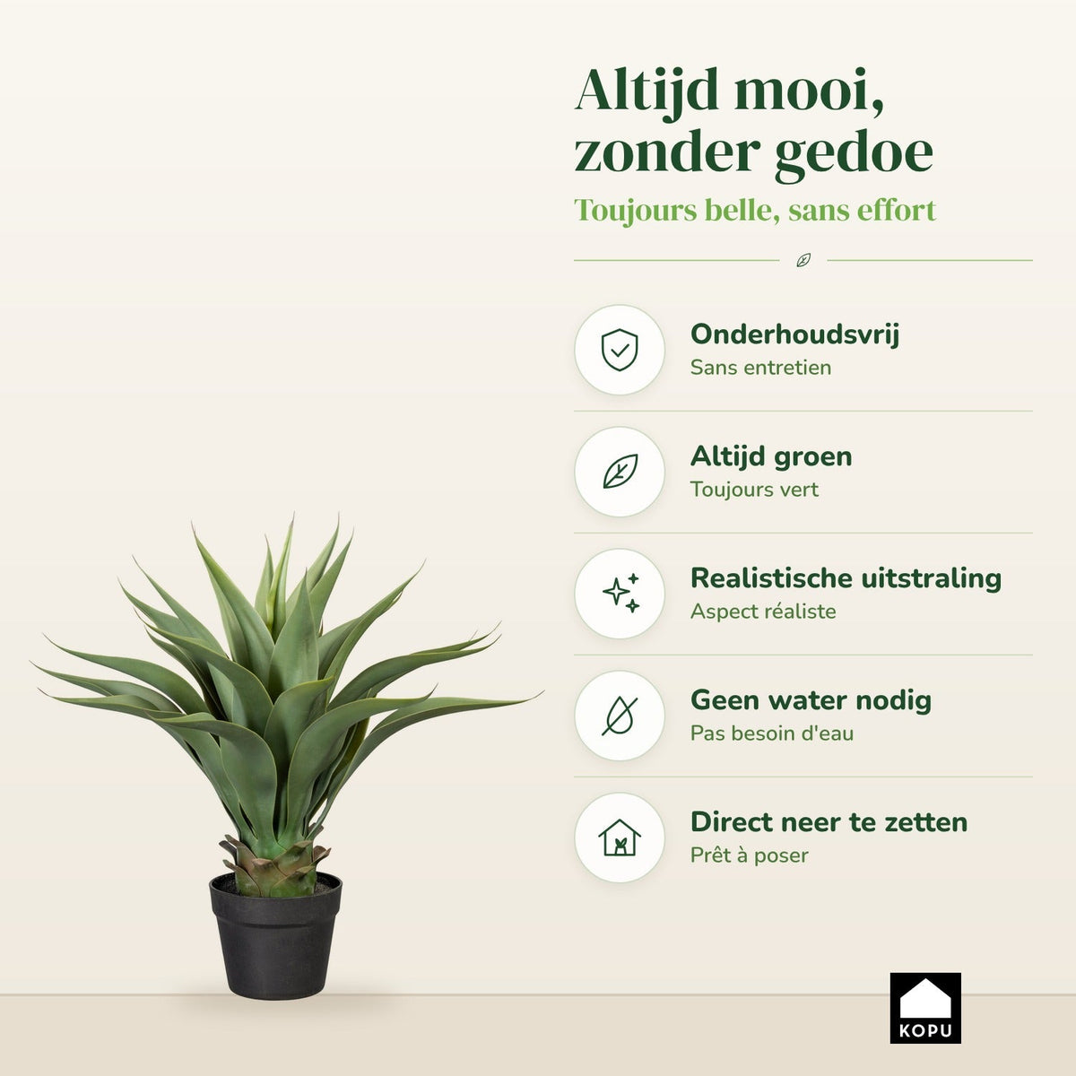 Kopu® Kunstplant Agave 57 cm in zwarte Pot - 25 bladeren - Nepplant
