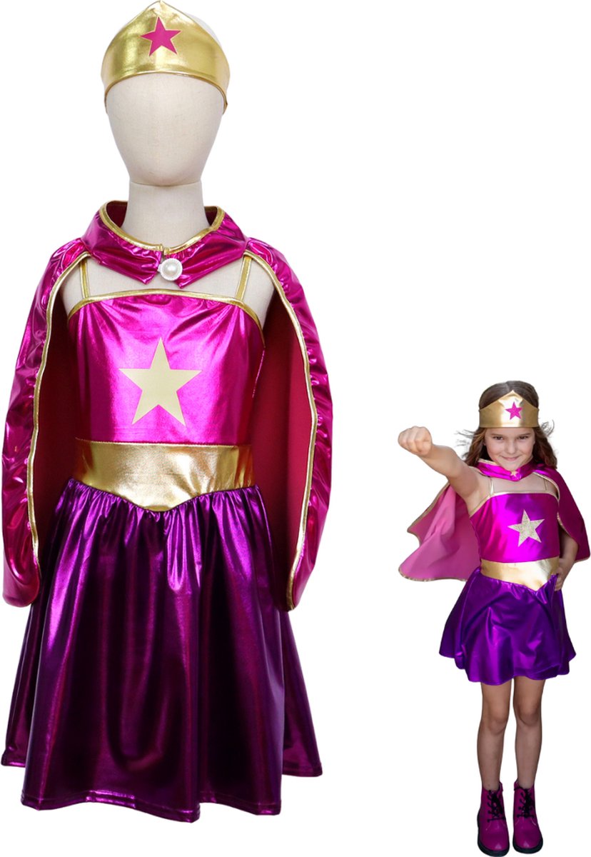 Metallic Superheldin Verkleedjurk met cape en kroon Roze & Paars