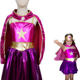 Metallic Superheldin Verkleedjurk met cape en kroon Roze & Paars