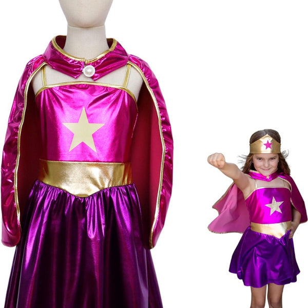 Metallic Superheldin Verkleedjurk met cape en kroon Roze & Paars