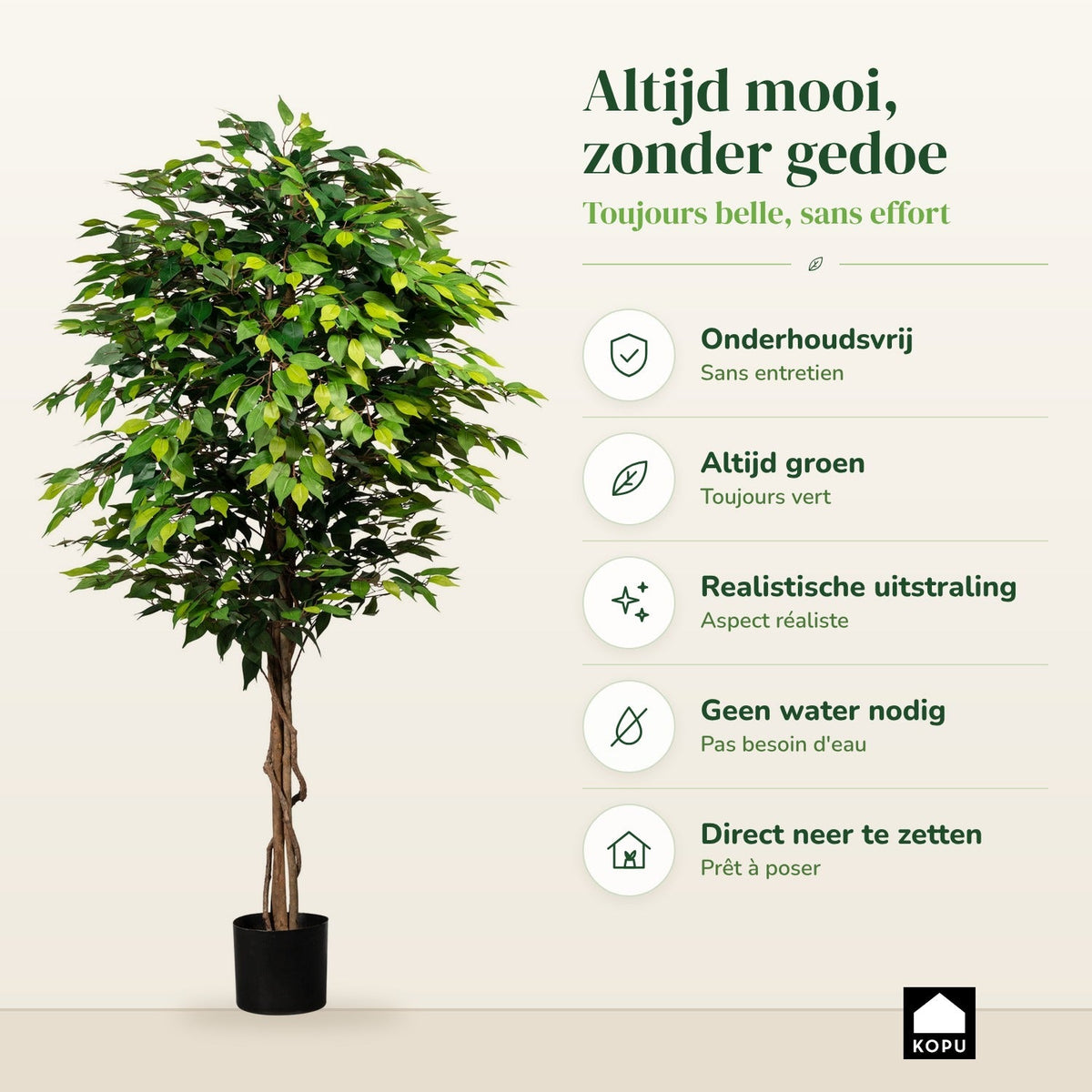 Kopu Kunstplant Ficus 180 cm - in pot - met Natuurstam