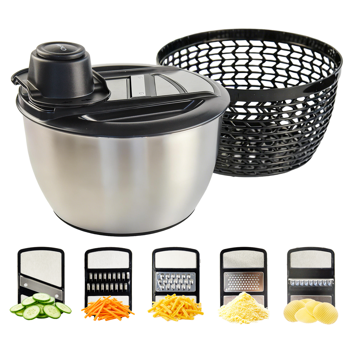 Chefino All In - Slacentrifuge RVS 5L met Snij- en Raspmessen – Salade Spinner – Sladroger – Slakom met Mandoline – Groentesnijder – Julienne Snijder – RVS Mengkom