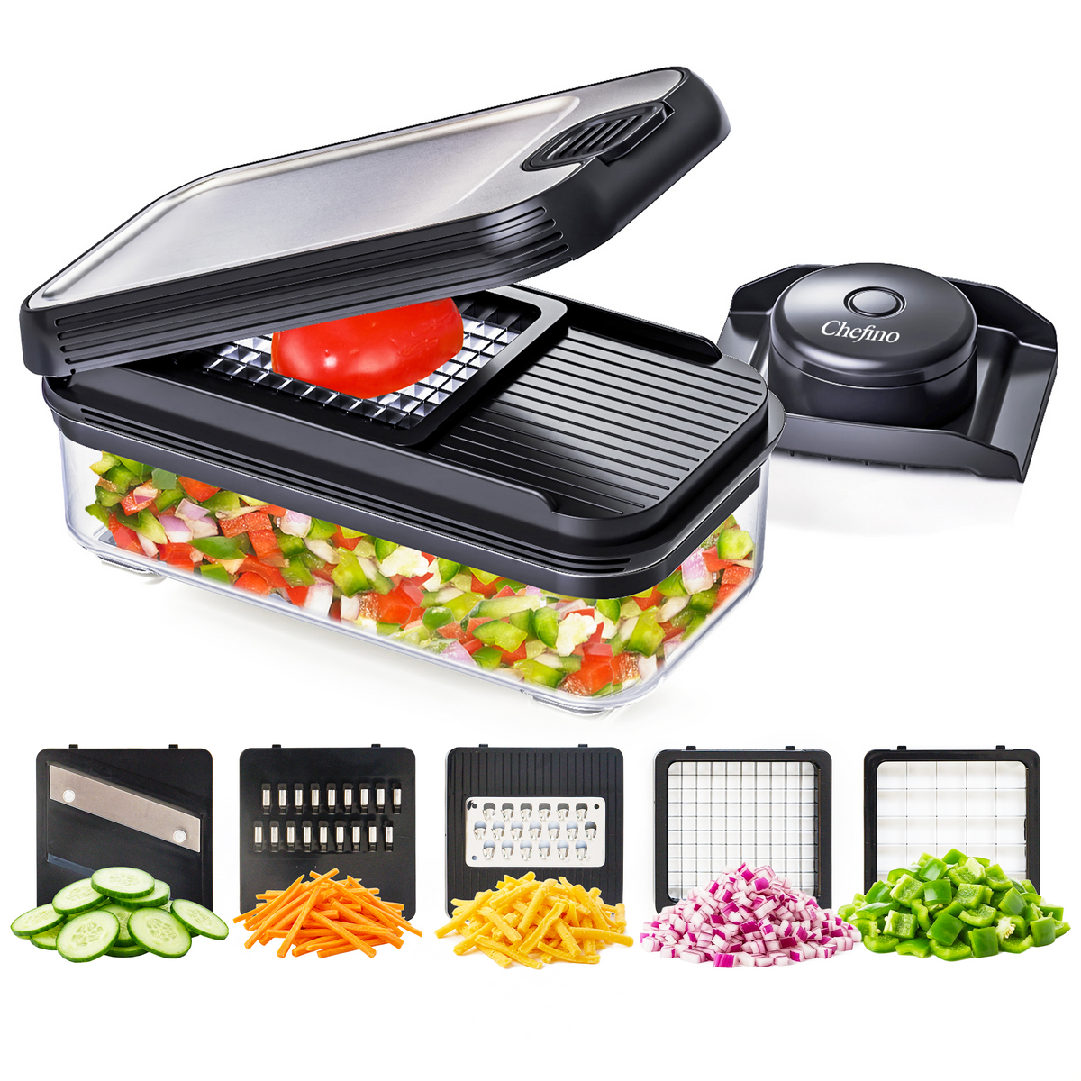 Chefino Trito - Groentesnijder Set met Opvangbak 750 ml – Mandoline Snijder – Groente Hakker – Uiensnijder – Blokjessnijder – Julienne Snijder – Groente Rasp – Keuken Mandoline met 5 RVS Messen