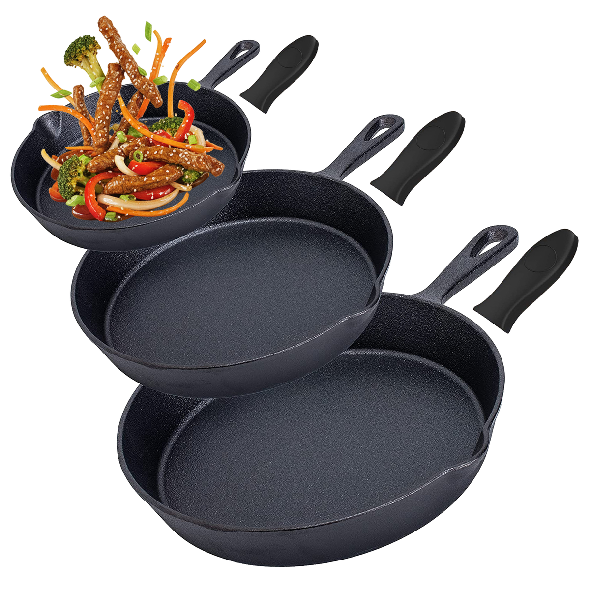 Gietijzeren Koekenpan Set 3-delig – Skillet Set Ø16, Ø19,5 & Ø24,5 cm – Voorgekruid Gietijzer – Geschikt voor Inductie, Gas, Oven & BBQ – Inclusief Siliconen Handgrepen