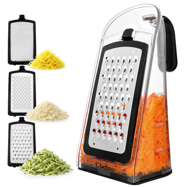 Chefino Fineza - Kaasrasp met Opvangbak – RVS Groenterasp – Keukenrasp met Container – 3 Verwisselbare Raspbladen – Handrasp voor Kaas, Groenten en Citroenrasp – Antislip