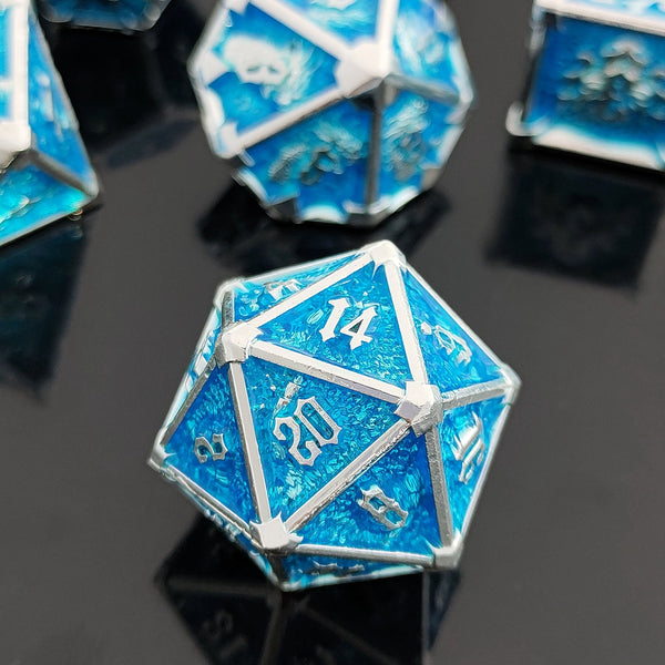 7-delige Metal Dice Set – “Frostbite” (Blauw met Zilver)