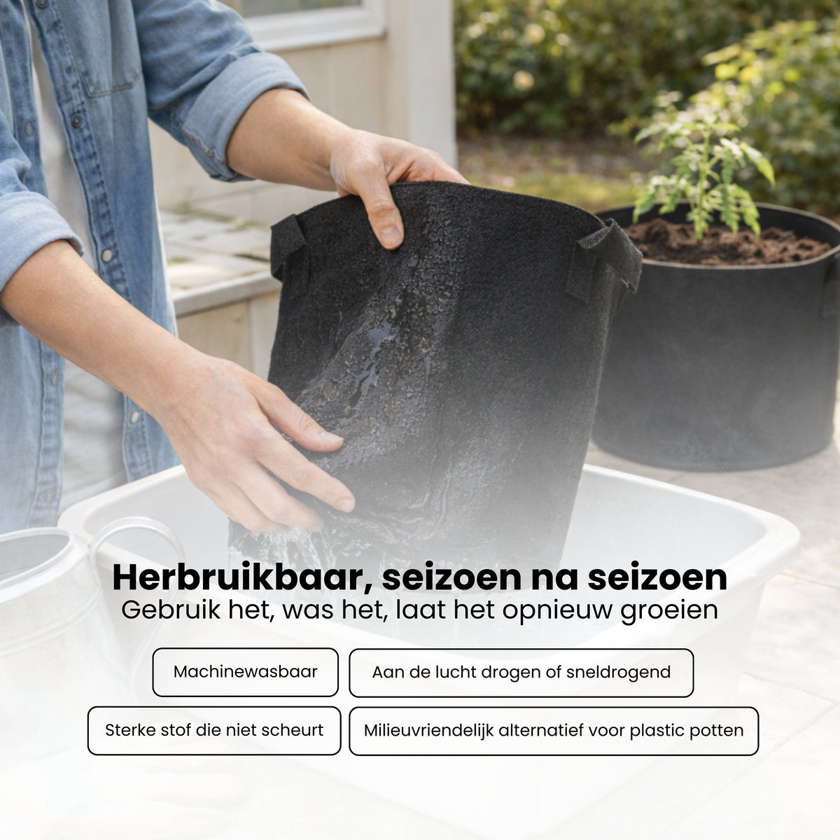 Kweekzak 40 cm – Stoffen Kweekpot met Handgrepen – Ademend & Herbruikbaar – Groeizak voor Groenten, Fruit en Kruiden – Zwarte Plantenbak Buiten & Binnen – 32L
