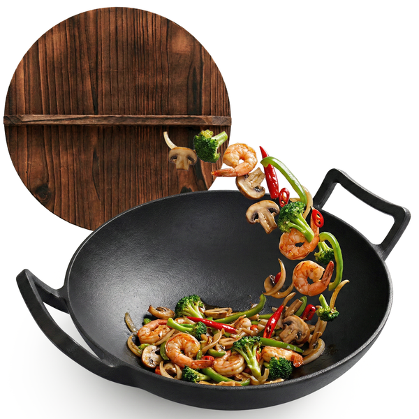 Gietijzeren Wok Ø36 cm met Houten Deksel – Wokpan Gietijzer voor Inductie, Gas, Oven & BBQ –  Pre-seasoned  – Grote Wokpan met Handgrepen – Professionele Wok