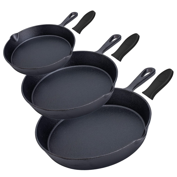 Gietijzeren Koekenpan Set 3-delig – Skillet Set Ø16, Ø19,5 & Ø24,5 cm – Voorgekruid Gietijzer – Geschikt voor Inductie, Gas, Oven & BBQ – Inclusief Siliconen Handgrepen