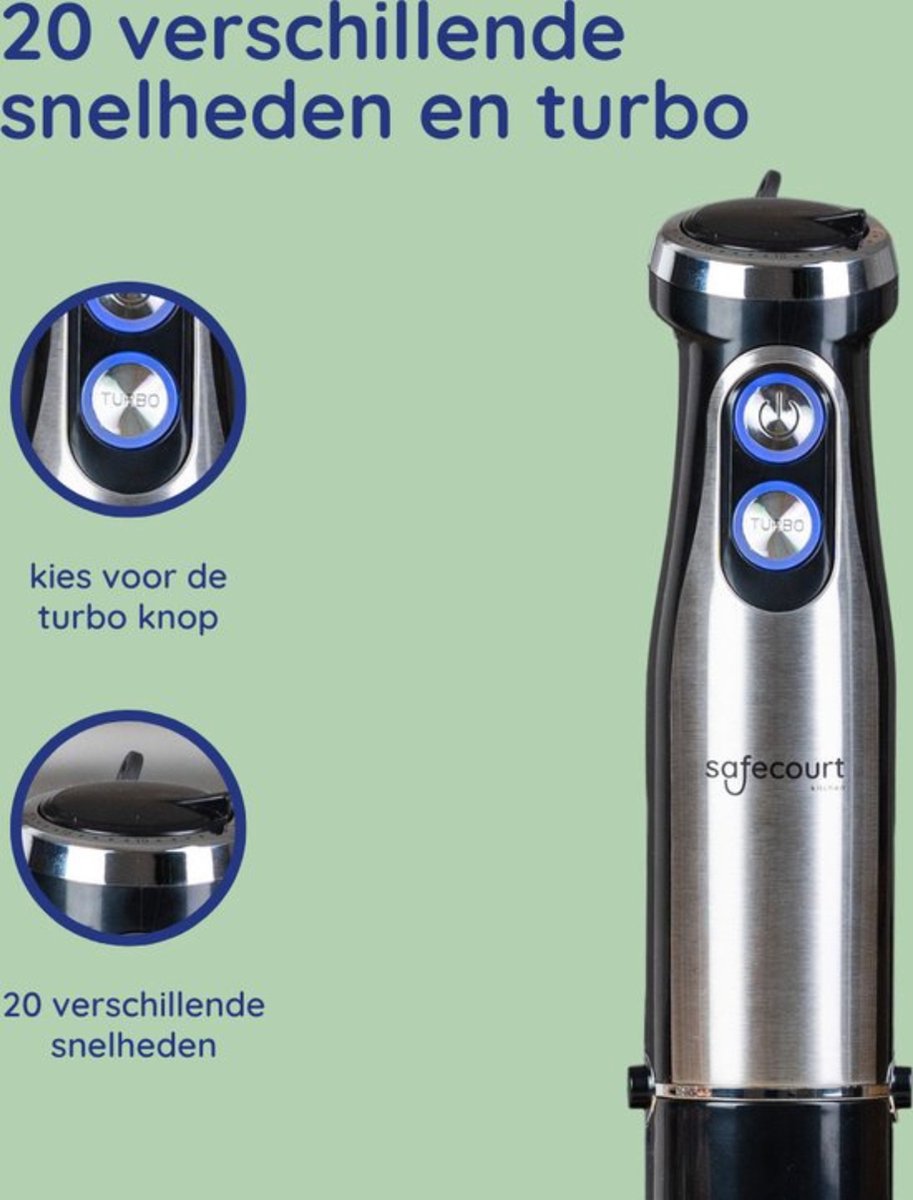 Safecourt Kitchen 6-delige Staafmixer Set - 1000 Watt - Hakmolen - 20 Snelheden - Inclusief Melkopschuimer & Maatbeker