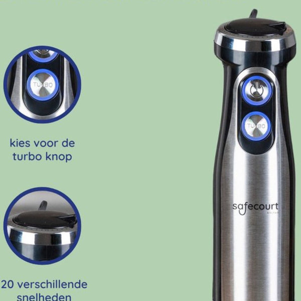 Safecourt Kitchen 6-delige Staafmixer Set - 1000 Watt - Hakmolen - 20 Snelheden - Inclusief Melkopschuimer & Maatbeker