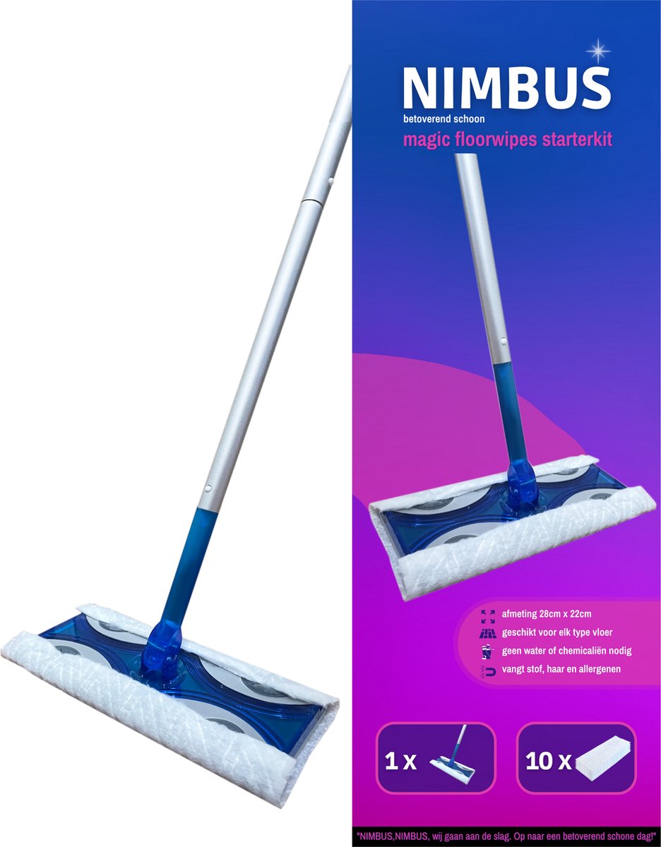 NIMBUS Vloerreiniger Starterkit - 1 x Vloerwisser + 10 Droge Vloerdoekjes - Geschikt voor Swiffer