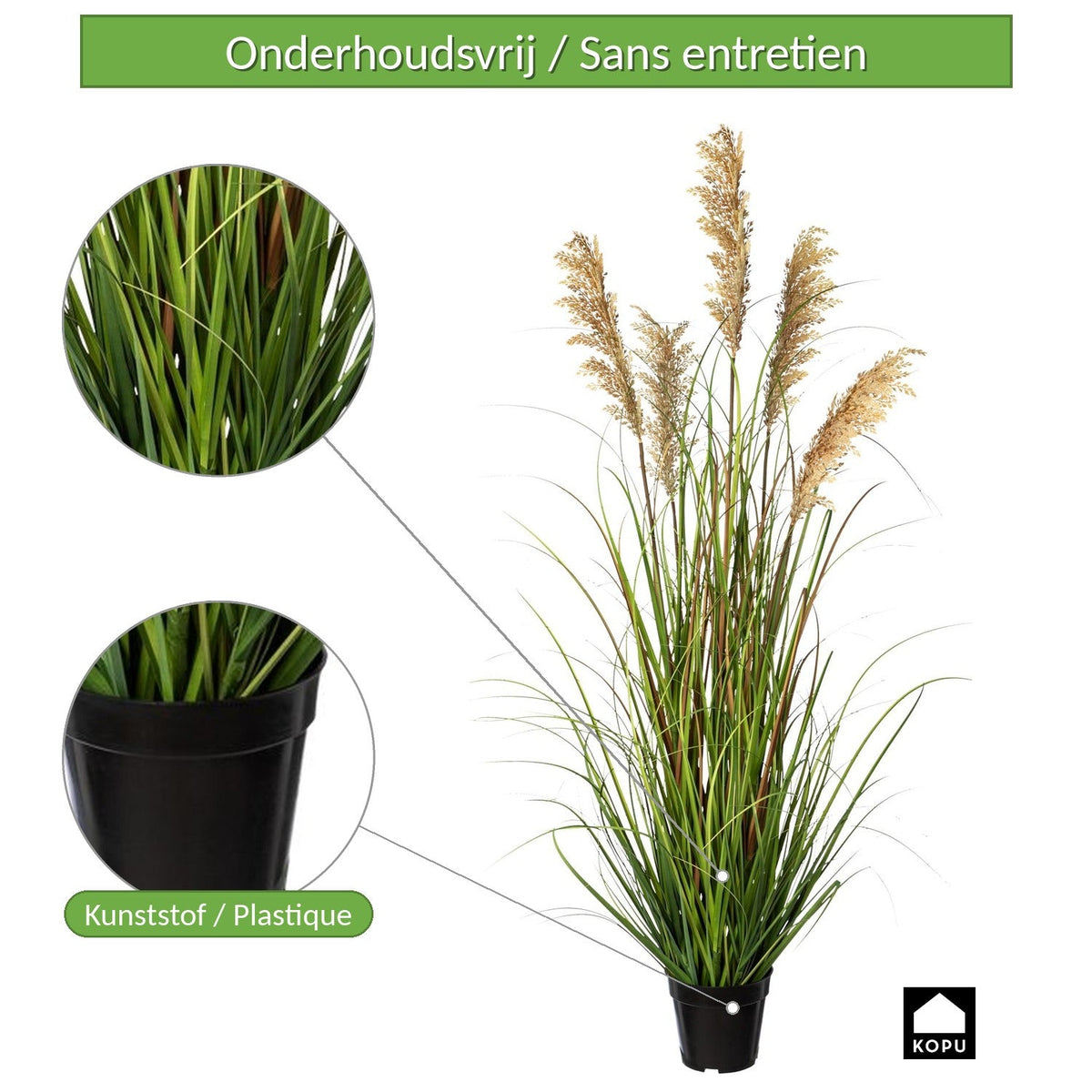 Kopu® Kunstplant Pluimgierst 122 cm - 5 halmen - in zwarte pot