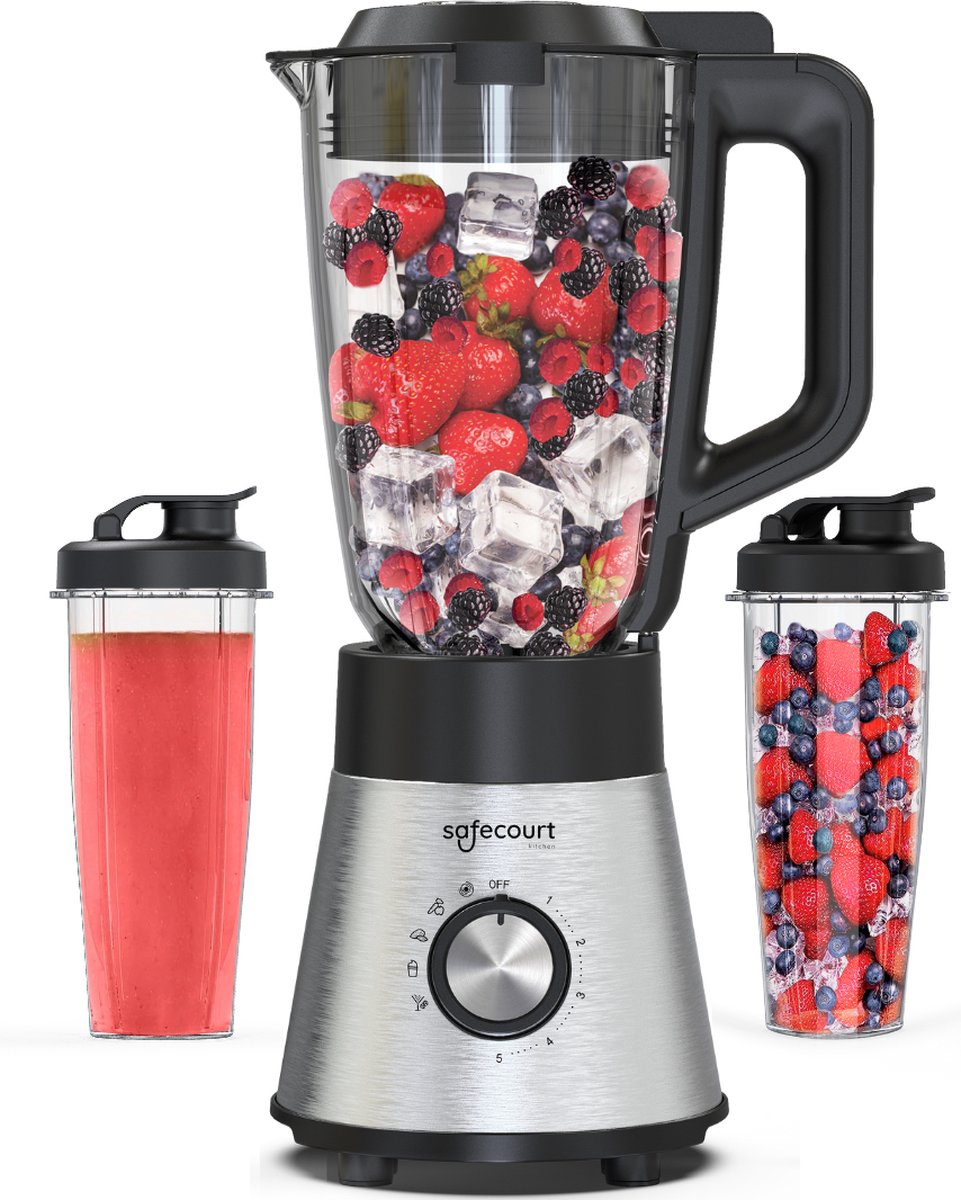 Safecourt Kitchen Power blender - 5 automatische programma's - Smoothie maker - +2 to go cups - RVS