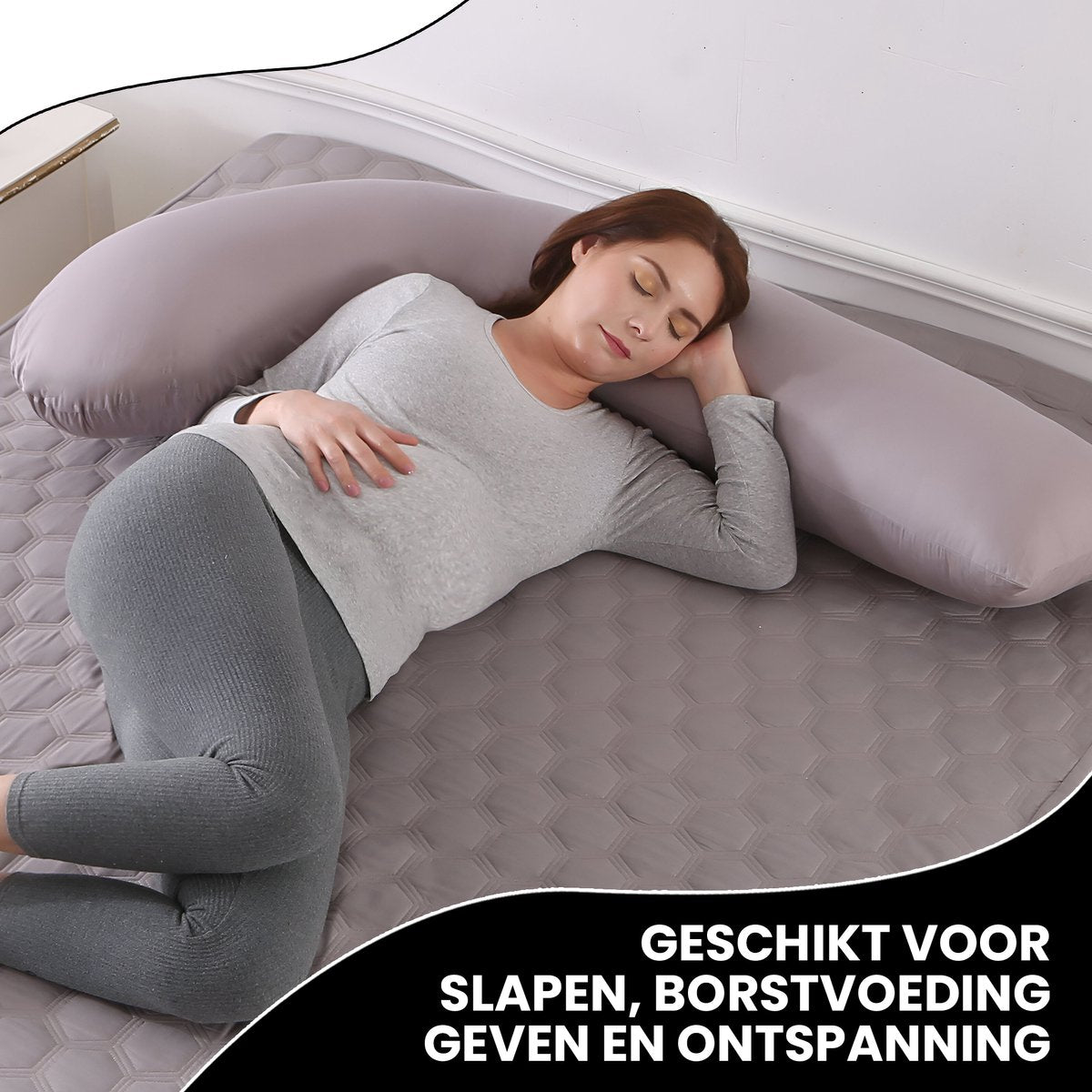 Oemmie Zwangerschapskussen - Voedingskussen - Zijslaapkussen - Lichaamskussen - J-vorm - 145x45 cm - Grijs