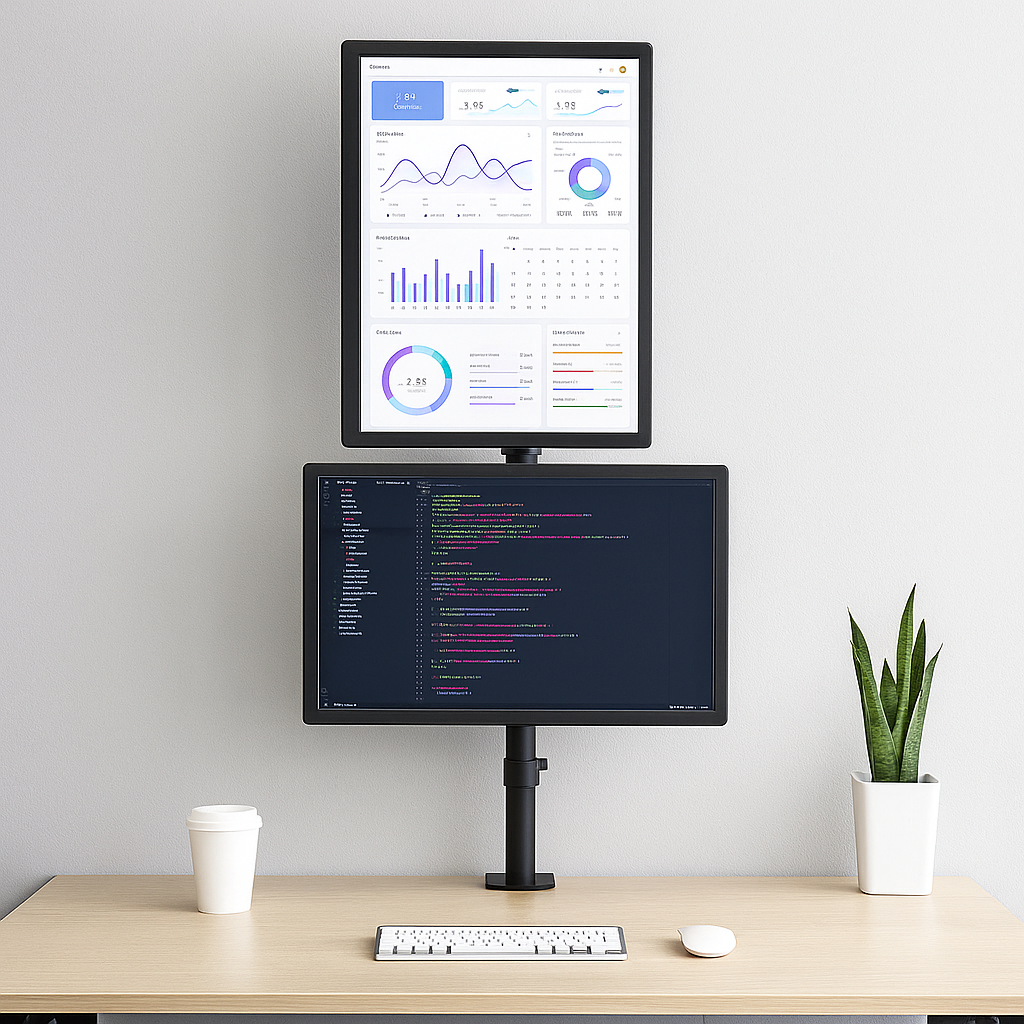 Monitorarm Dubbel Verticaal – Verstelbare Beugel voor 2 Schermen – 13-32 inch – VESA 75x75 - 100x100 – Ergonomische Bureausteun – Kabelmanagement – Zwart