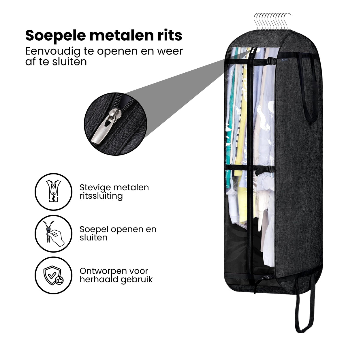 Kledinghoes met Hanger – Opvouwbare Kleding Organizer – Kleding Opbergzak met Rits & Venster – Kleding Transporthoes – Geschikt voor Verhuizen & Reizen – 127 x 60 x 25 cm – Zwart