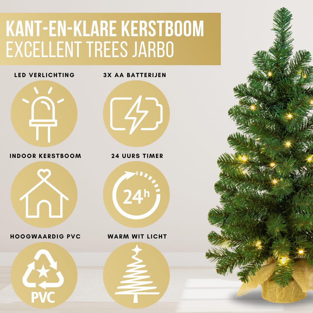 Excellent Trees® LED Jarbo 90 cm Mini Kerstboom met verlichting - Kunstkerstboom kant en klaar met Verlichting - Hoogwaardig PVC - 80 LED Lampjes