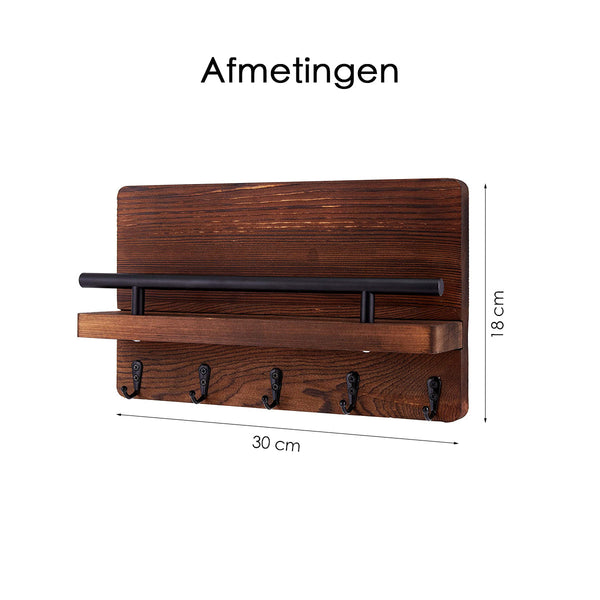 Sleutelrekje - Sleutelkastjes - Vijf sleutelhaken 30 x 18 cm - Beukenhout - Donker Bruin