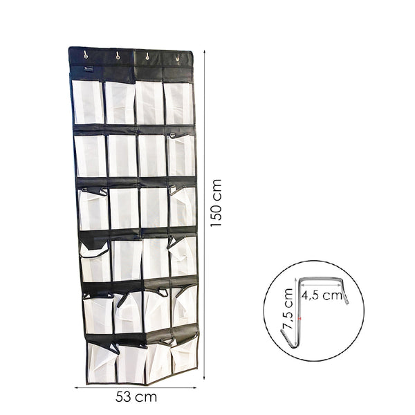 Schoenenkast Hangend - Schoenenzak 24 vakken - Opbergen van Schoenen aan Deur - Zwart - Wit