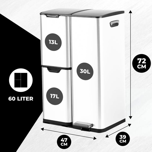 Bayt Prullenbak 60 liter - 3 compartimenten - Wit