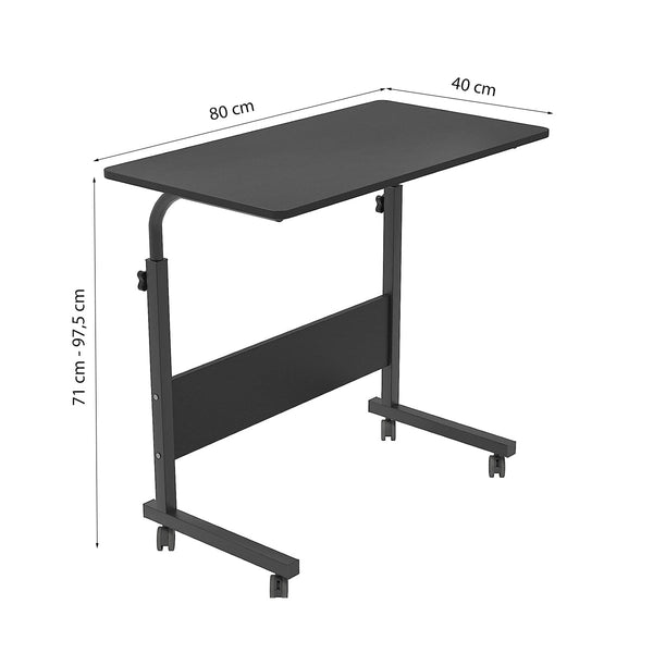Laptoptafel op Wieltjes - Zwart - 80 cm x 40 cm - In Hoogte Verstelbaar - Bedtafeltje met Wielen - Ontbijttafel