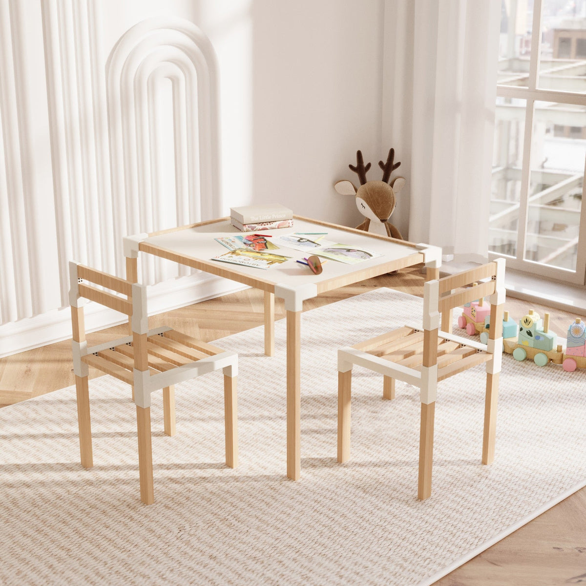 FixWood Kinder Tafel- en Stoelenset – Natuurlijk Hout & Kunststof – Duurzaam Speel- en Leermeubel – 3-delig (1 Tafel + 2 Stoelen)
