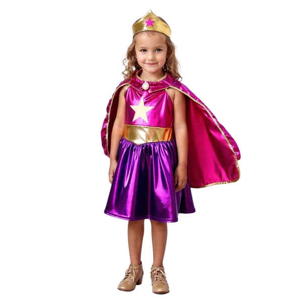 Metallic Superheldin Verkleedjurk met cape en kroon Roze & Paars