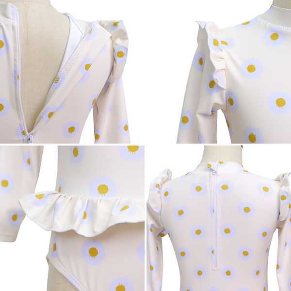 Badpak Lange Mouw Gebroken Wit met Bloemen print met Ruches Meisjes